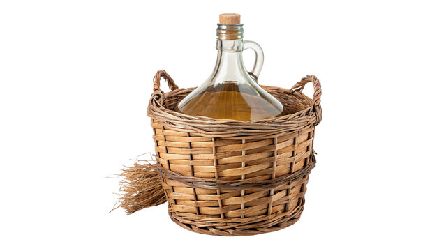 Large empty amber glass bottle carboy inside wicker basket isolated on transparent background