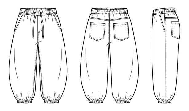 Oversized Balloon Pants Flat Technical Drawing with Front Back Side Views CAD Vector Set