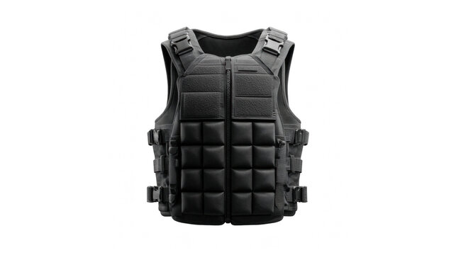 Durable black tactical vest with adjustable straps and reinforced padding features on transparent background