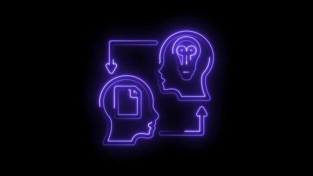 Neon light animation of two human heads exchanging ideas and information with a lightbulb icon