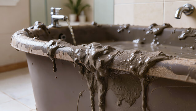 Bathtub filled with thick therapeutic mud, mud bath spa treatment procedure, mud flowing over the edges, alternative wellness therapy, mud healing procedure in a bathroom