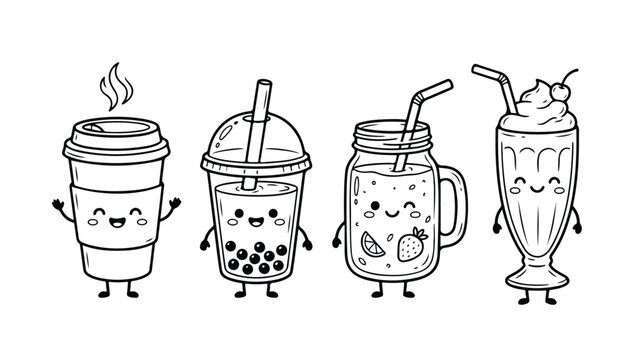 Kawaii drink characters set with 4 icons, cute boba tea and coffee cup line art, hand drawn milkshake and smoothie jar vector illustrations