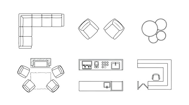 Minimalist furniture floor plan symbols, architectural interior design icons in top view, 6 vector line elements for home and office layout planning