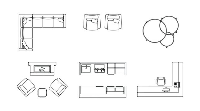 Architectural floor plan furniture symbols, top view interior design icons set, minimalist living room and kitchen layout vector elements for blueprints