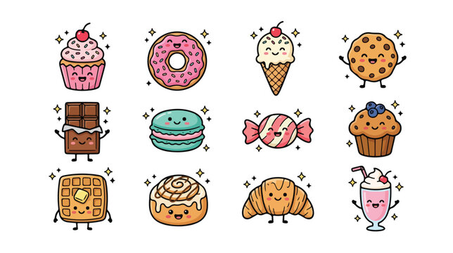 Kawaii sweet treats collection, 12 cute dessert characters with smiling faces, pastel bakery food icons, adorable cartoon snack vector set