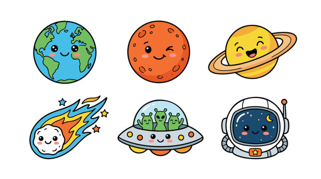 Kawaii space sticker set with cute planets and astronaut, 6 cartoon galaxy icons including UFO and comet, adorable celestial vector illustrations