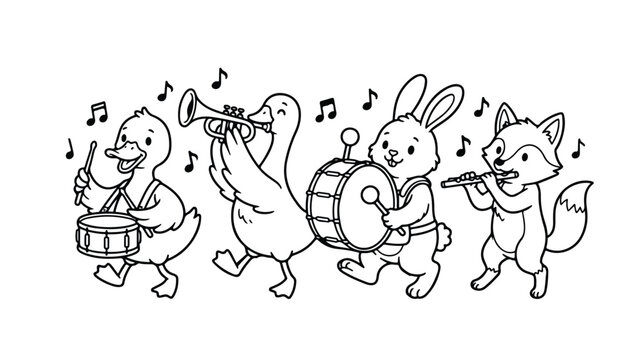 Cute animal band coloring page vector, cartoon forest animals playing musical instruments, black and white nursery illustration for kids