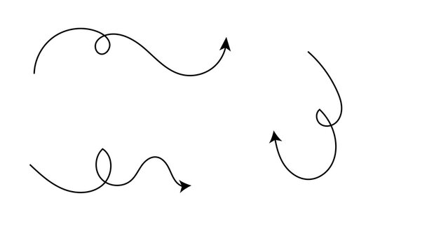 Hand drawn wavy arrows showing different directions and turning paths on white