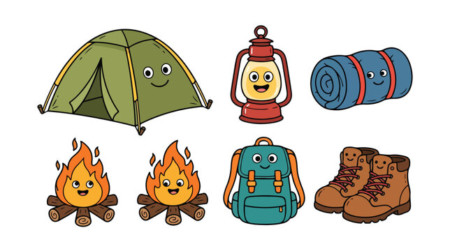 Cute camping icons set with smiling faces, cartoon outdoor adventure equipment vector, 6 hand drawn camping elements for kids