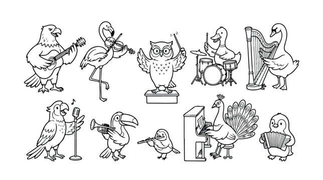 Whimsical bird orchestra vector set, 10 cartoon birds playing musical instruments, black and white line art illustrations for coloring books