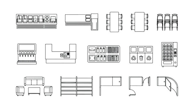 Minimalist architectural floor plan icons, 15 black and white office furniture symbols, top view interior design elements for CAD and space planning