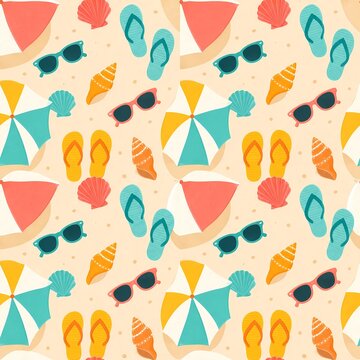 Seamless summer pattern with ice cream cones sunglasses and beach bunting flags background