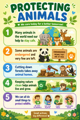 Fototapeta premium animal, wildlife, protection, conservation, infographic, educational, kids, endangered, poster, cartoon, children, learning, nature, panda, elephant, tiger, forest, environment, care, planet, classroo
