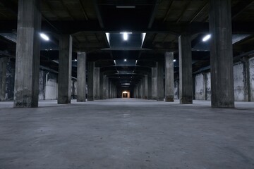 Obraz premium The vast empty industrial warehouse corridor with pillars receding to a distant light