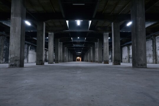 The vast empty industrial warehouse corridor with pillars receding to a distant light