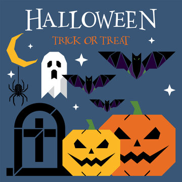Halloween Trick or Treat with geometric elements have night sky square background