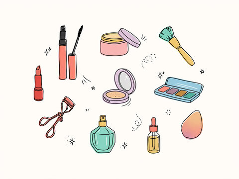  A charming, hand-drawn vector illustration clip art set featuring an assortment of essential makeup and beauty products.