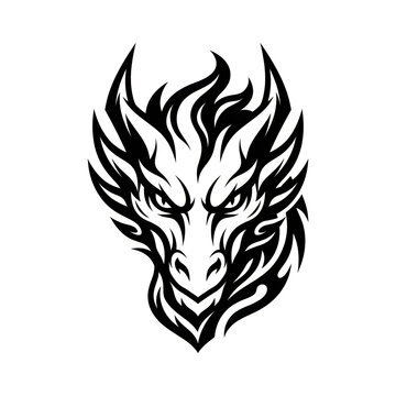 Mythical Dragon Face Tribal Emblem Monochrome Vector Illustration