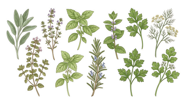Collection of Fresh Green Herbs and Plants.