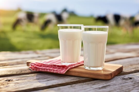 The Milk Glasses on Rustic Wooden Table in Pastoral Field