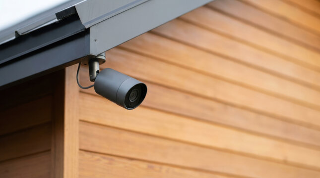 Grey bullet camera under eave on wooden house exterior for security and surveillance monitoring