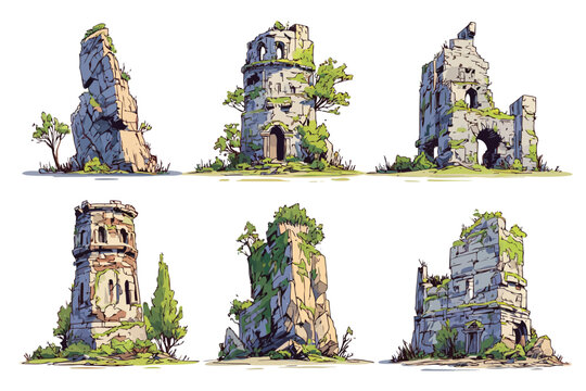 Ruined Castle Variants for Dark Fantasy Art isolated