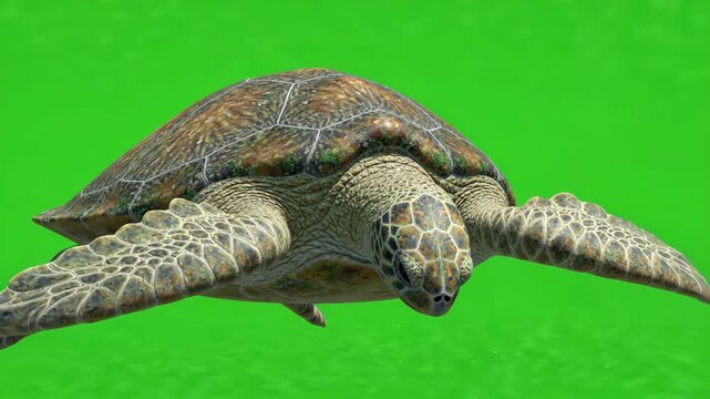 Realistic 3D animation of a sea turtle slowly retreating its head and flippers into its hard shell on a solid green background chroma key