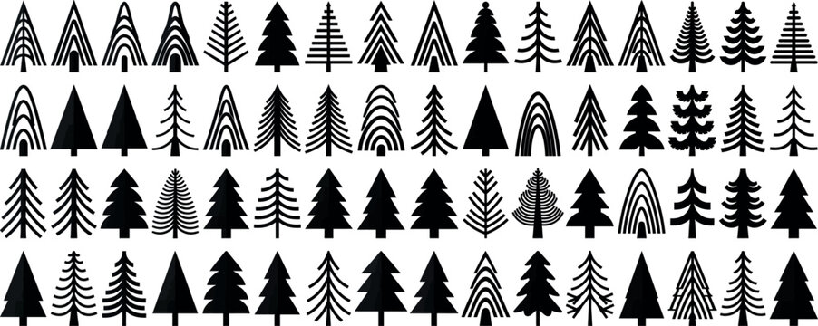 Minimalist Black Pine Tree Silhouette Vector Set, Geometric Forest Line Art Icons.