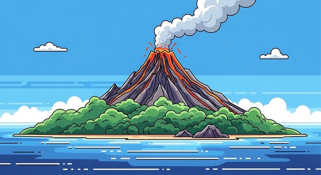 Volcano erupting on island.