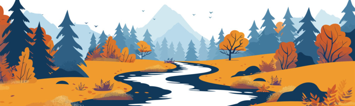 Serene Mountain Stream in Autumn isolated vector style