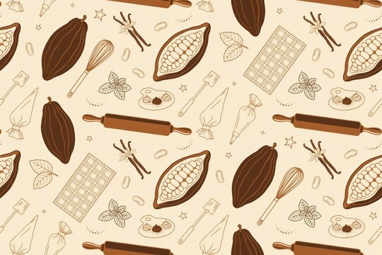 Seamless pattern with hand drawn cocoa beans, chocolate bars, rolling pins, whisks, vanilla pods, and pastry bags on a light beige background