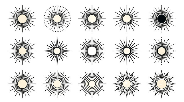 Vintage Sun Icon Collection. Celestial Sunburst Symbol Set. Decorative Solar Design Elements. Minimal Line Art Illustration