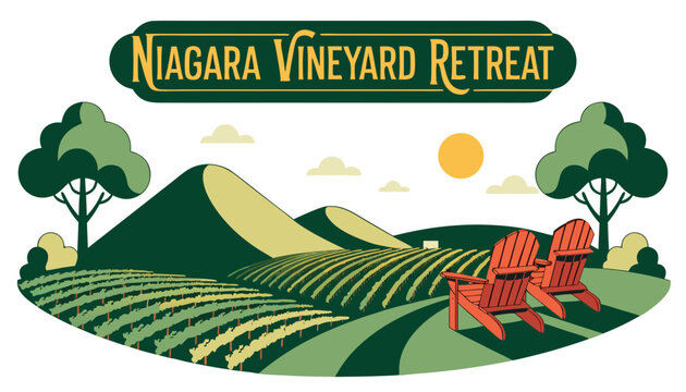 Very beautiful black and white realistic vector illustration of a VINEYARD WITH ADIRONDACK CHAIRS featuring a bold travel label reading "NIAGARA VINEYARD RETREAT", engraved vineyard landscape with cla