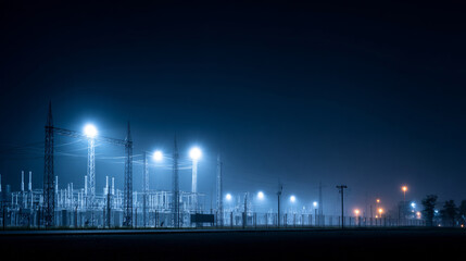Fototapeta premium Electric power substation illuminated at night