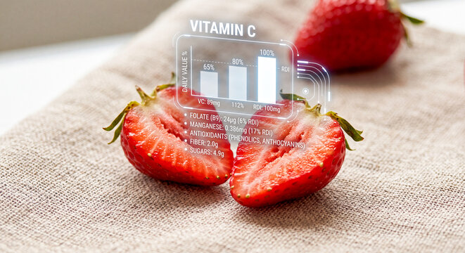 Fresh strawberries with an artificial intelligence analysis overlay displaying nutritional value and vitamin C content for healthy diet tracking in a modern digital food health concept
