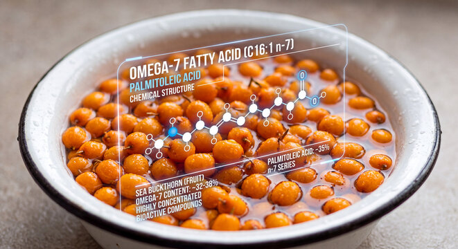 Fresh sea buckthorn berries in a white bowl with an AI analysis overlay displaying omega-7 fatty acid chemical structure to emphasize natural bioactive nutrient density for wellness