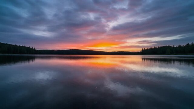 Lake timelapse reflections shift with sky color ripples gently moving across calm water