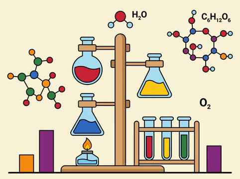 Chemistry Lab Equipment Illustration with Molecular Structures and Formulas