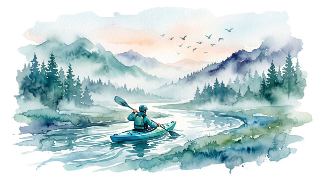 Watercolor landscape of a lone kayaker on a mountain river, serene wilderness scene with pine forest and misty mountains, outdoor adventure illustration