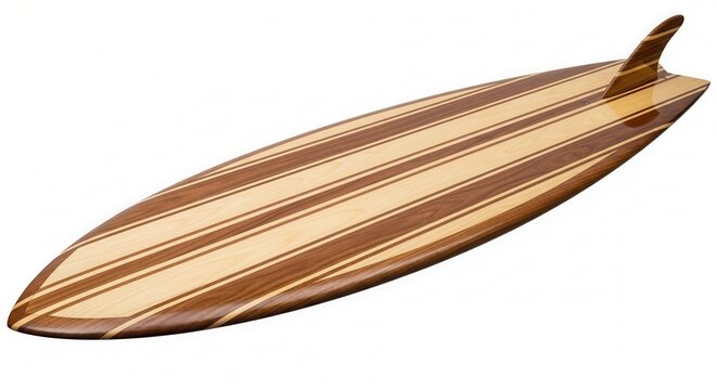 Vintage Wooden Surfboard with Striped Design Isolated on White Background.