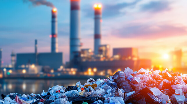 Waste to energy facility with large pile of garbage in foreground, showcasing contrast between waste and energy production