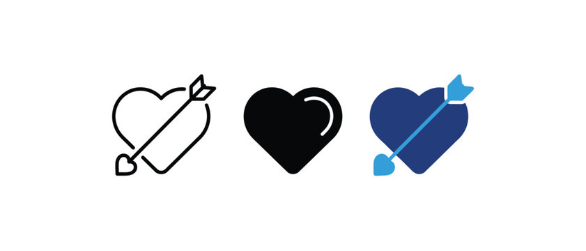 Heart with arrow icon, cupid love symbol, romance valentine day sign, affection passion graphic. Vector illustration