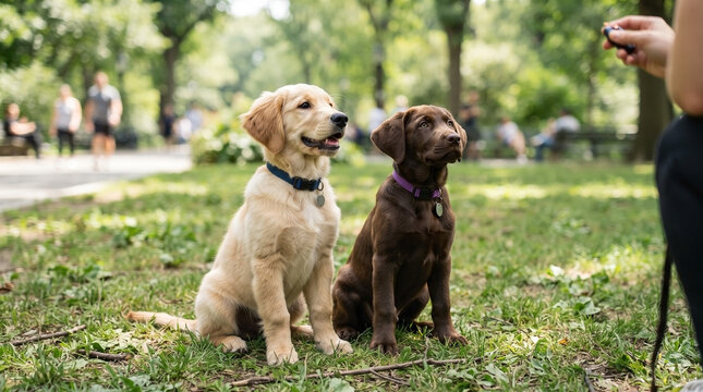 Two puppies during obedience training in park with trainer displaying treats.