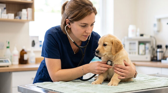 Vet checking puppy heartbeat with stethoscope in veterinary clinic. Veterinarian examines puppy's heartbeat using stethoscope while nurturing the young dog in professional care environment.