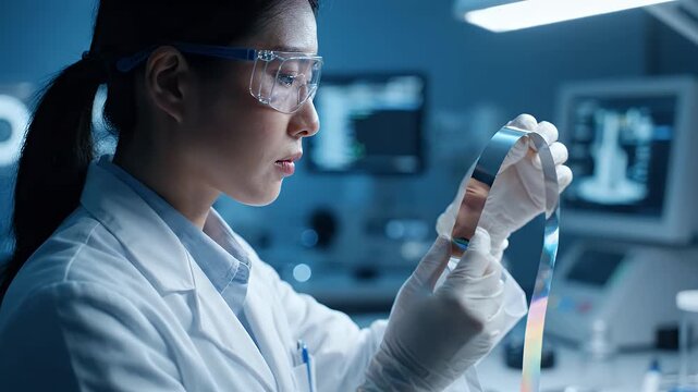 Asian female scientist inspecting flexible electronic strip in modern research laboratory.