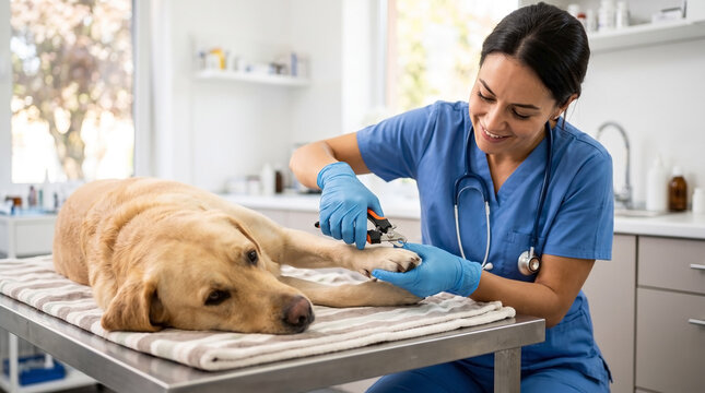 Vet trimming dog toenails with clippers and performing grooming in pet clinic. The veterinarian carefully trims the nails of a calm dog while providing a safe and comfortable environment.