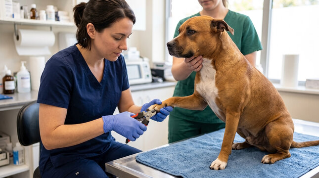 Vet trimming dog's toenails with clippers in veterinary clinic, attentive care provided by professional vet. Toenail grooming includes soothing environment for dog during trimming process.