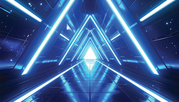 Abstract Blue Geometric Abstract Background with Neon Light Streaks and Dark Shadows