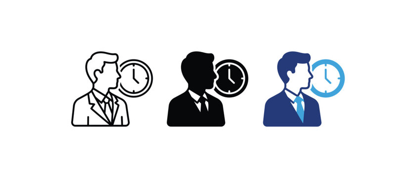Time management icon, businessman with clock symbol, work hours schedule sign, punctuality deadline graphic. Vector illustration