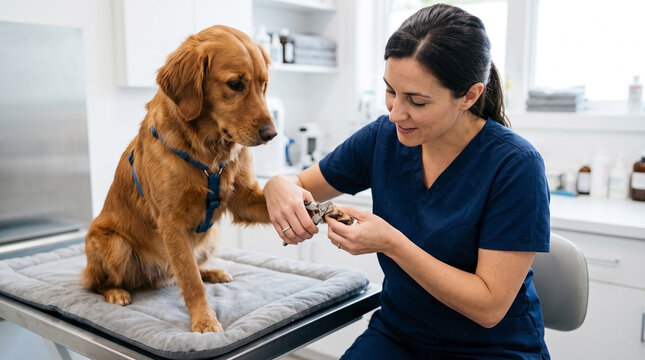 Vet trimming dog toenails with clippers at veterinary clinic. Caring veterinarian gently holds golden retriever's paw while trimming toenails during check-up.